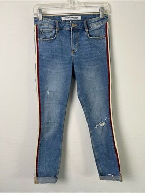 Zara Trafaluc Denim Collection Red & White Striped Blue Denim Distressed Jeans
